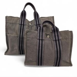 Hermes Canvas Fourre Tout Holdall MM and GM Tote Bag Set in Gray and Black